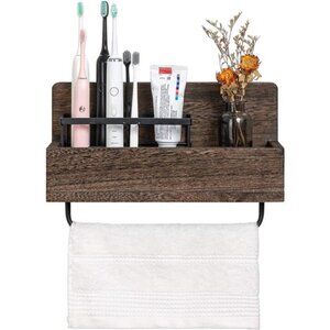 Wall Mounted Toothbrush Holder Wooden Bathroom Organizer Towel Rack Toothpaste